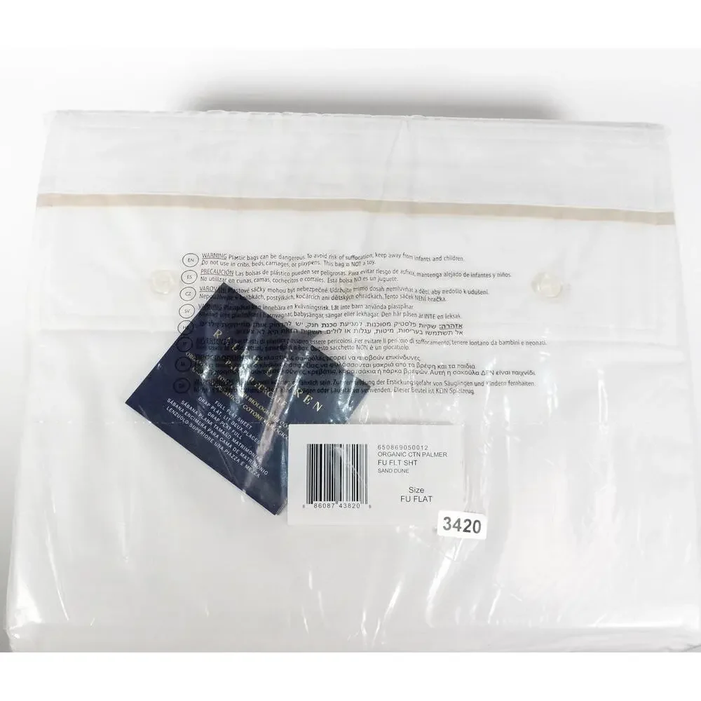 New Ralph Lauren Organic Cotton Percale Palmer Full Flat Sheet White/Sand Dune